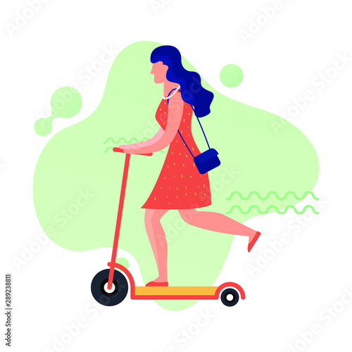 Woman riding electric scooter. Flat vector illustration.