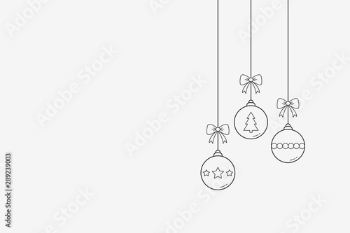 Empty Christmas card with hanging baubles. Decoration. Vector