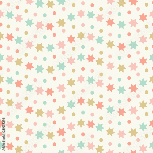 Hand drawn star and spots wavy striped seamless repeat pattern. Sweet pastel coloured vector design ideal for children and baby projects.