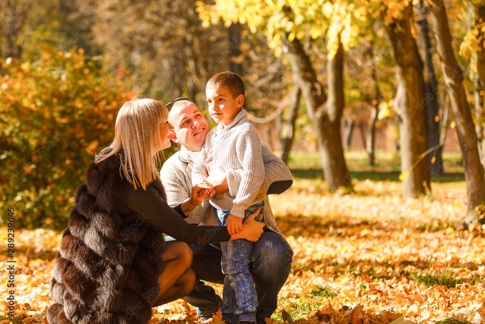 walking family with child in autumn park walking family with child in autumn park