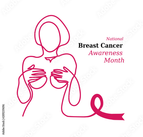 Pink ribbon,womens breast outline vector illustration. One line drawing concept, poster for Pink ribbon, National Breast Cancer Awareness Month.