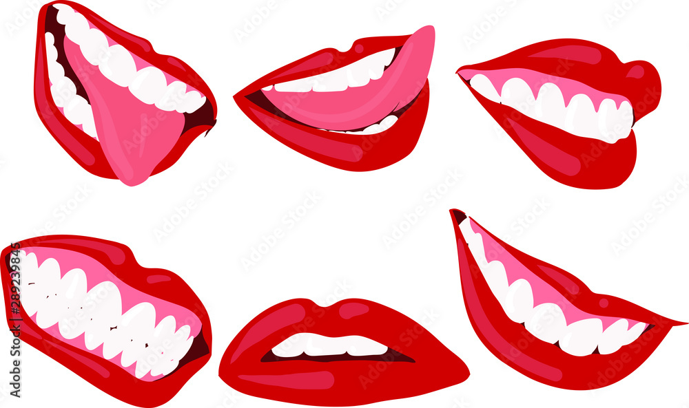 A small set of silhouettes of female lips with different emotions. A small set of silhouettes of female lips with different emotions.
