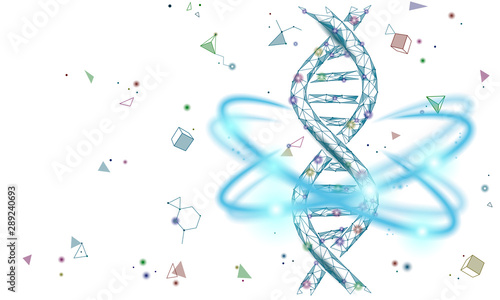 Gene therapy DNA 3D chemical molecule structure low poly. Polygonal triangle point line healthy cell part. Innovation blue medicine genome engineering vector illustration future business technology