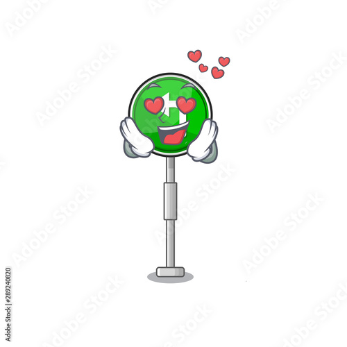 In love turn left character shaped with mascot