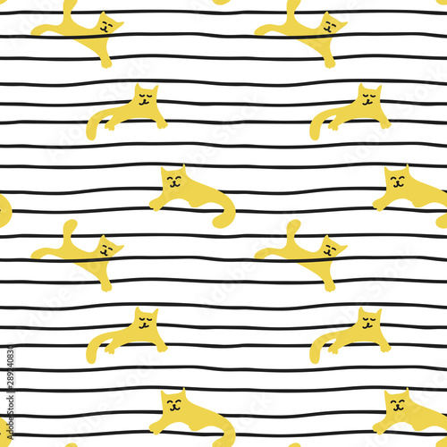 Cute yellow cat on striped background, hand drawn illustration. Children's fabric, clothing, covers and more