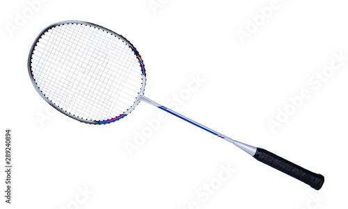 Close up studio shot of badminton racket, isolated on white background.
