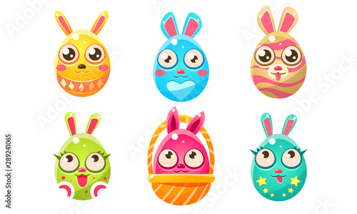 Collection of Cute Glossy Colorful Funny Eastern Egg Shaped Bunnies Cartoon Characters Vector Illustration