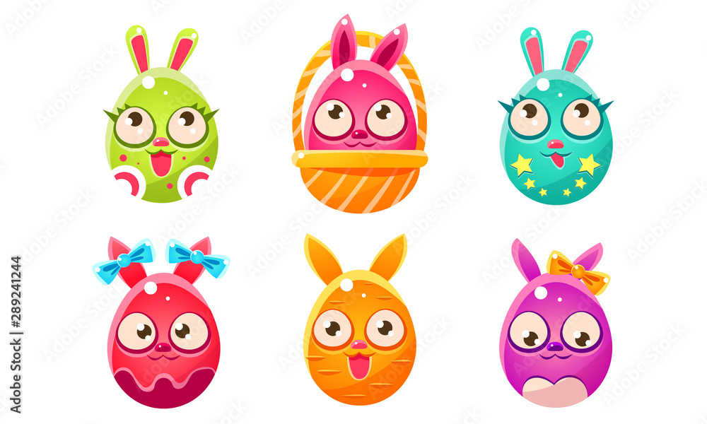 Collection of Cute Glossy Funny Eastern Egg Shaped Bunnies Cartoon Characters Vector Illustration Stock Vector | Adobe Stock Collection of Cute Glossy Funny Eastern Egg Shaped Bunnies Cartoon Characters Vector Illustration Stock Vector | Adobe Stock
