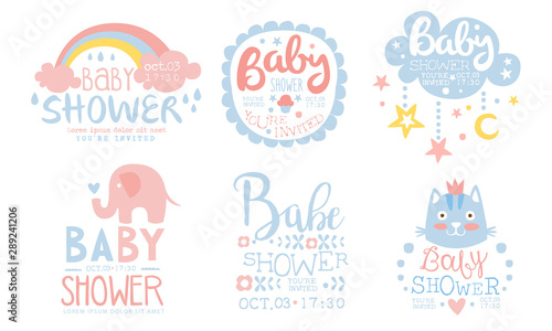 Baby Shower Invitation Templates Set, Cute Design Elements for Boy or Girl Newborn Celebration Party Hand Drawn Vector Illustration