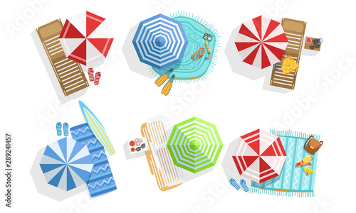 Collection of Sunny Parasols, Chaise Lounges and Towels, Summer Beach View From Above Vector Illustration