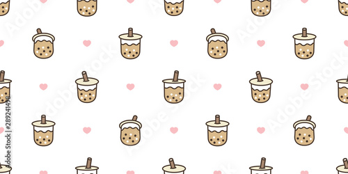 Boba tea seamless pattern vector bubble milk tea heart valentine scarf isolated repeat wallpaper tile background illustration doodle design