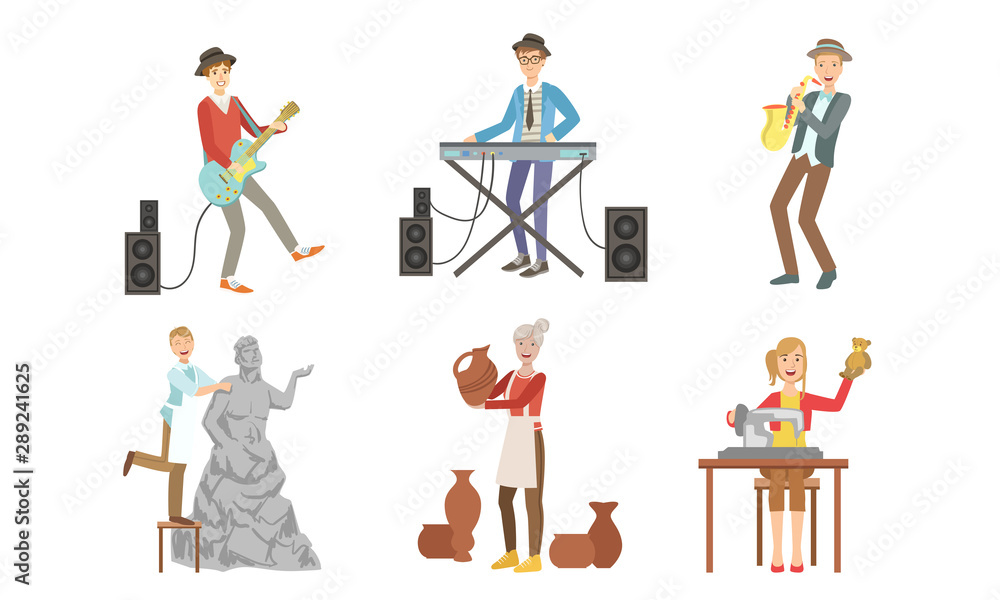 People of Creative Professions Set, Musicians with Musical Instruments, Sculptor, Ceramist, Seamstress Vector Illustration