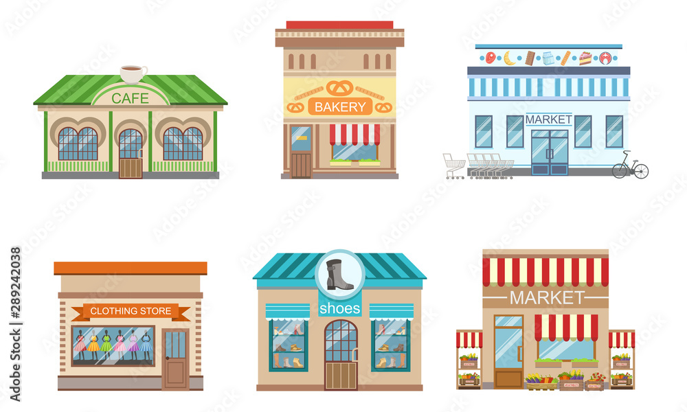 City Public Buildings Facades Set, Market, Pizza, Cafe, Bakery, Clothing Store, Shoes, Vector Illustration