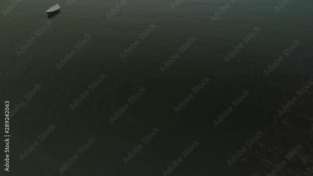 Drone shot of sailboats anchored on a foggy cove with a slow tilt up and fly over Drone shot of sailboats anchored on a foggy cove with a slow tilt up and fly over