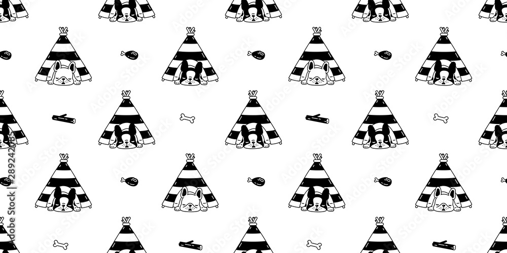 dog seamless pattern french bulldog vector tent house sleeping bone toy cartoon scarf isolated tile background repeat wallpaper doodle illustration design
