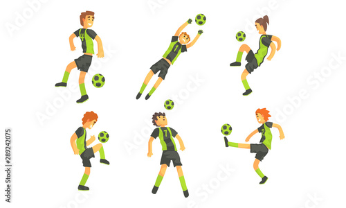 Soccer Players Kicking Ball Set  Professional Athlete Characters Showing Different Actions Vector Illustration