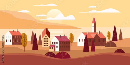Cityscape sea ocean seashore landscape with buildings, mountains hills and trees sunset.