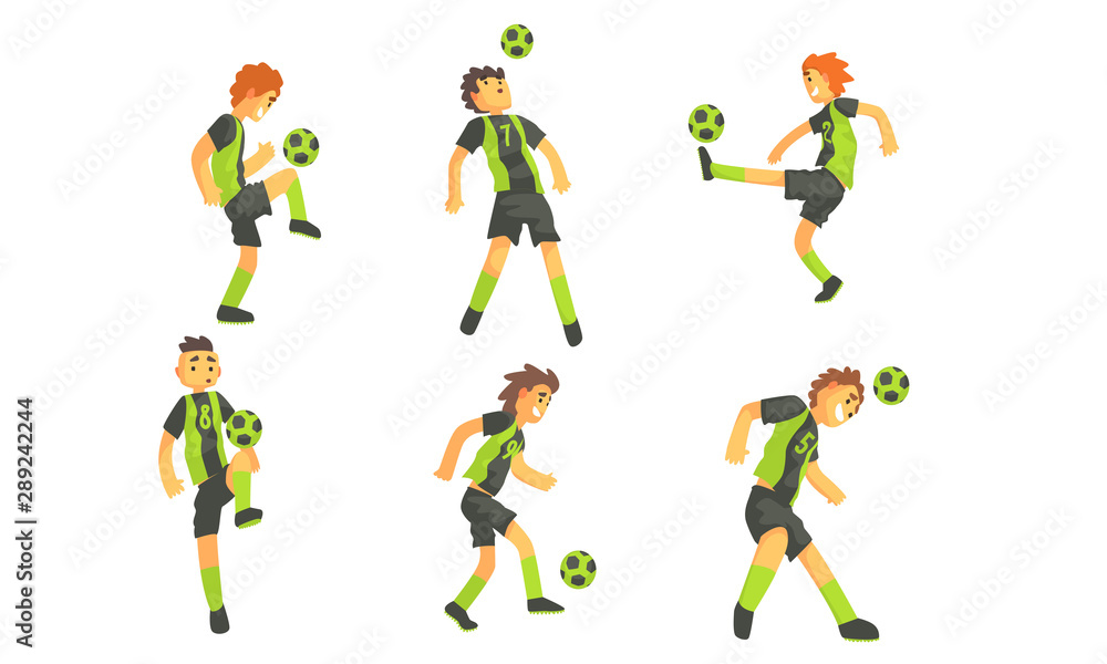 Soccer Players Kicking Ball Set, Professional Athlete Characters in Sports Uniform Showing Different Actions Vector Illustration
