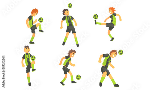 Soccer Players Kicking Ball Set, Professional Athlete Characters in Sports Uniform Showing Different Actions Vector Illustration