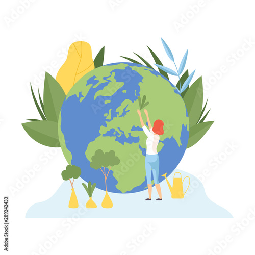 Woman Planting Trees, Volunteers Taking Care About Planet Ecology, Environment, Nature Protection Flat Vector Illustration