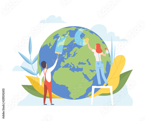 Man and Woman Cleaning the Earth Planet with Cleaning Equipment  Volunteers Taking Care About Planet Ecology  Environment  Nature Protection Flat Vector Illustration