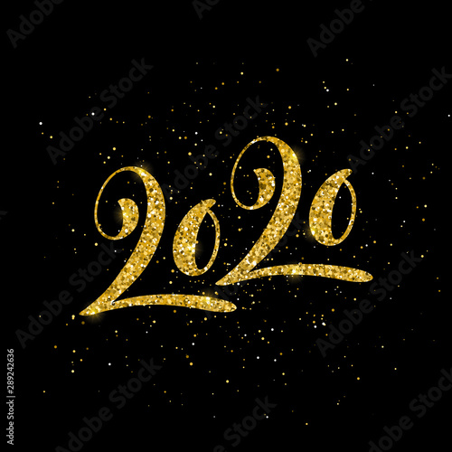Happy New Year 2020 poster with hand drawn lettering.