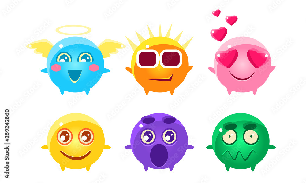 Colorful Glossy Balls Cartoon Characters Set, Cute Funny Fantastic Monsters with Various Emotions Vector Illustration Colorful Glossy Balls Cartoon Characters Set, Cute Funny Fantastic Monsters with Various Emotions Vector Illustration