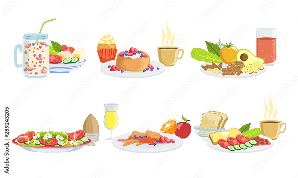 Healthy Breakfast Dishes Set, Classical Menu with Smoothie, Pancakes, Sandwiches, Fruits, Vegetables and Berries Vector Illustration Healthy Breakfast Dishes Set, Classical Menu with Smoothie, Pancakes, Sandwiches, Fruits, Vegetables and Berries Vector Illustration