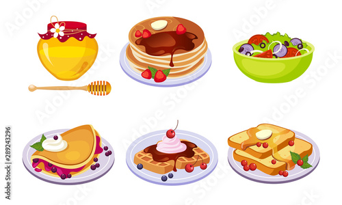Collection of Breakfast Meal, Delicious Healthy Food and Drinks Different Sets Vector Illustration