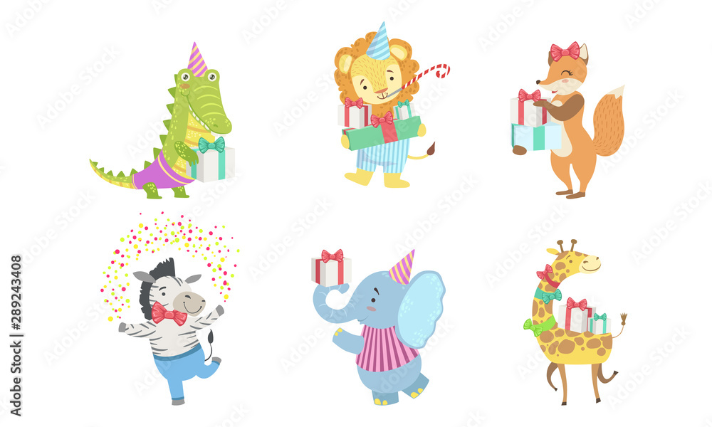 Collection of Cute Happy Animals for Happy Birthday Design, Crocodile, Lion, Fox, Zebra, Elephant, Giraffe Vector Illustration