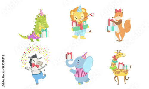 Collection of Cute Happy Animals for Happy Birthday Design, Crocodile, Lion, Fox, Zebra, Elephant, Giraffe Vector Illustration