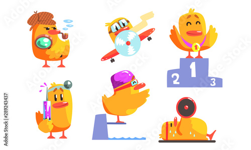 Funny Humanized Chicken Cartoon Character in Various Situations Set, Funny Bird Activity Vector Illustration