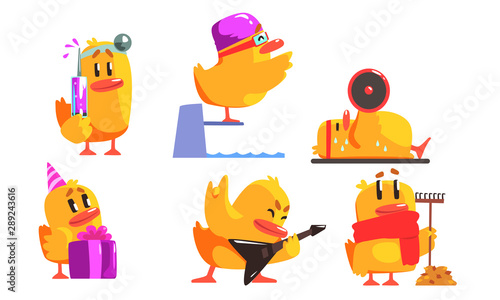 Funny Yellow Humanized Chicken in Various Situations Set, Cute Bird Cartoon Character Activity Vector Illustration