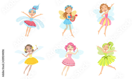 Adorable Happy Little Fairies Set, Smiling Beautiful Girls in Colorful Fairy or Elf Costumes Vector Illustration
