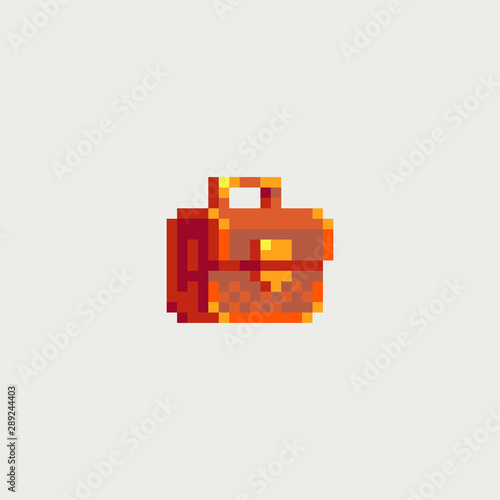 Retro suitcase, ravel bag pixel art icon. Shop symbol design for logo, sticker, mobile app, website. 8-bit sprite. Isolated vector illustration.