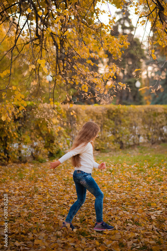 Little girl in autumn orange leaves. happy little child, baby girl laughing and playing in the autumn on the nature walk outdoors. Selective focus, copy space. Happy child with maple leaves in autumn 