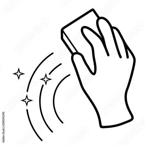 A hand in a rubber glove holding a wet sponge for house cleaning. Vector outline icon.