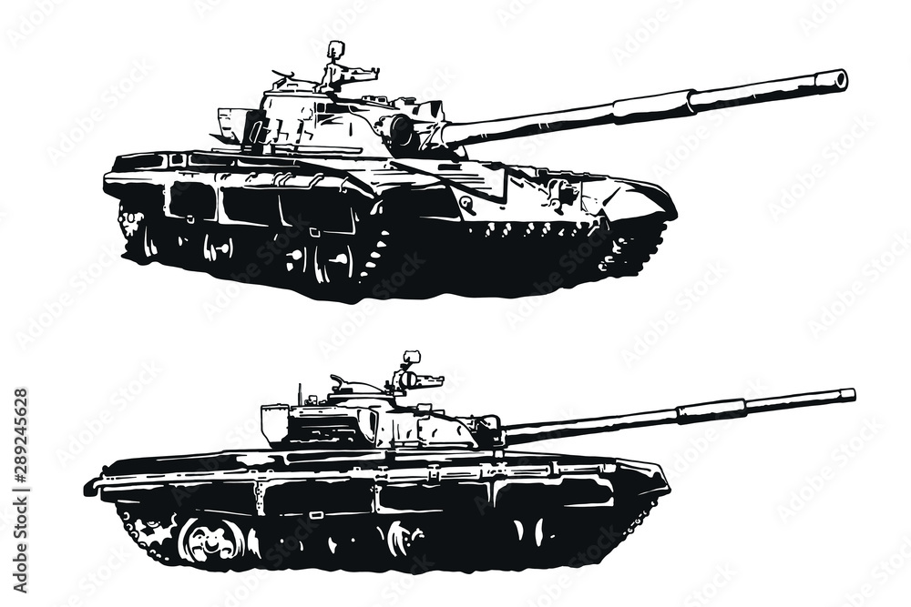 Tank vector isolated illustration. Military machine logotype. Black and white icon.