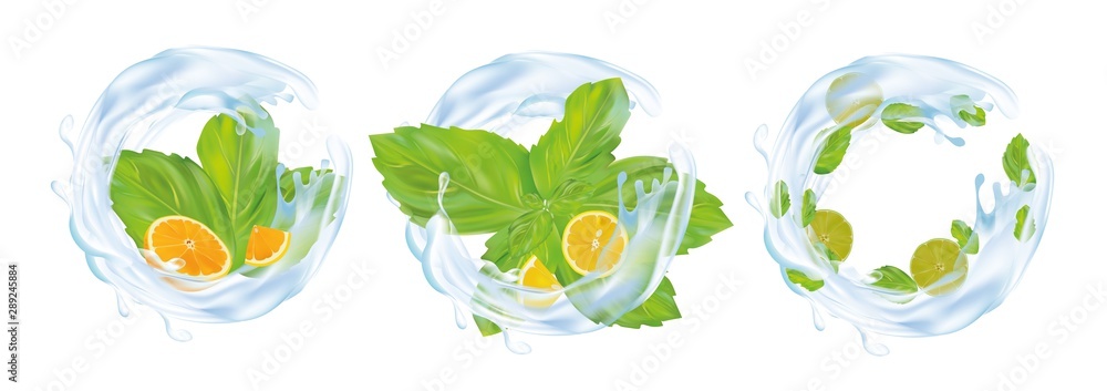 Set, collection of green mint leaveswith orange, lime, lemon. Mint leaves in a spray of beautiful blue water. Water splashes isolated on white background. Set 3d icons of water splash with leaf mints