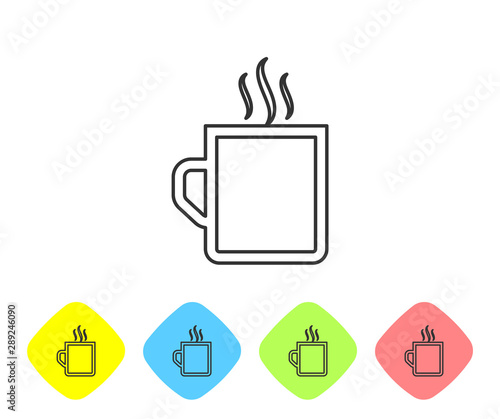 Grey line Coffee cup flat icon isolated on white background. Tea cup. Hot drink coffee. Set icon in color rhombus buttons. Vector Illustration