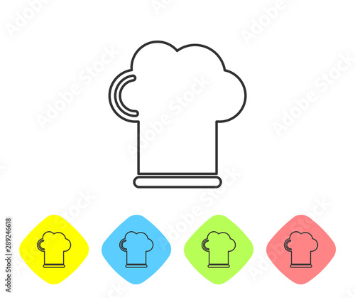Grey line Chef hat icon isolated on white background. Cooking symbol. Cooks hat. Set icon in color rhombus buttons. Vector Illustration