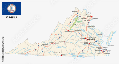 virginia road map with flag