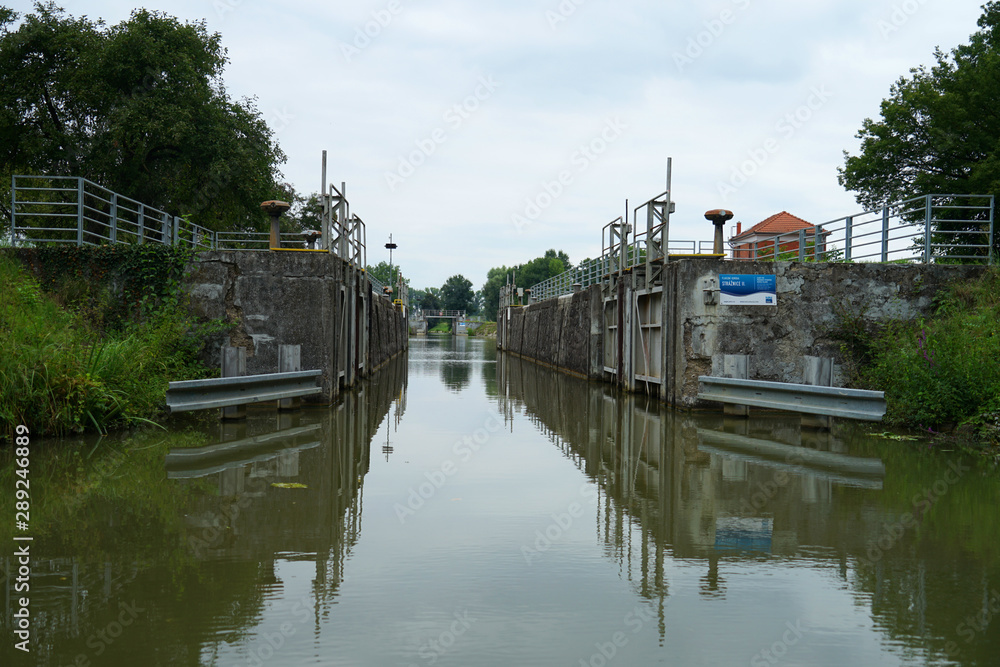 Bata Canal lock on the Morava River used for transportation and recreation, Czech Republic