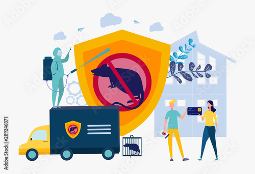 Sanitary service for catching rodents. Equipment for the destruction of pests. The concept of the rodent trapping program. Colorful vector illustration