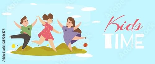 Kids Time Banner. Cheerful Boy and Girls Jumping