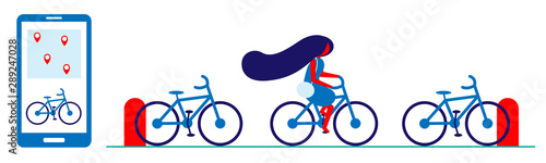 Bike rental in the city using a smartphone. Bike sharing and parking at docking stations. The girl rented a bicycle and drove off. Flat illustration