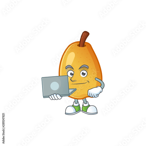 With laptop fragrant pear in cartoon character style