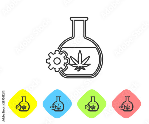 Grey line Chemical test tube with marijuana or cannabis leaf icon isolated on white background. Research concept. Laboratory CBD oil concept. Set icons in color rhombus buttons. Vector Illustration