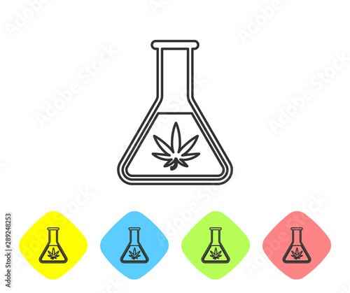 Grey line Chemical test tube with marijuana or cannabis leaf icon isolated on white background. Research concept. Laboratory CBD oil concept. Set icons in color rhombus buttons. Vector Illustration