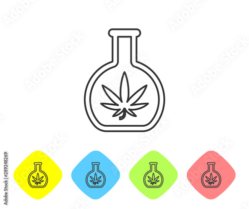 Grey line Chemical test tube with marijuana or cannabis leaf icon isolated on white background. Research concept. Laboratory CBD oil concept. Set icons in color rhombus buttons. Vector Illustration